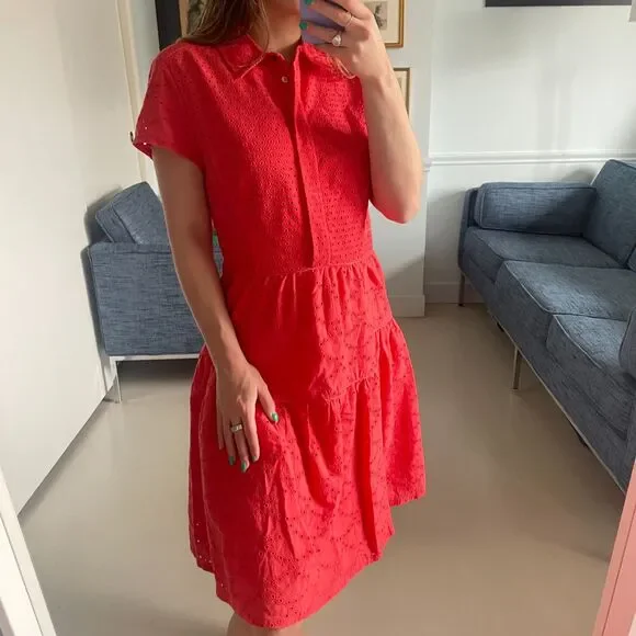 Diane von Furstenberg Collared Button up Eyelet Dress Coral Size 10 - Picture 1 of 9